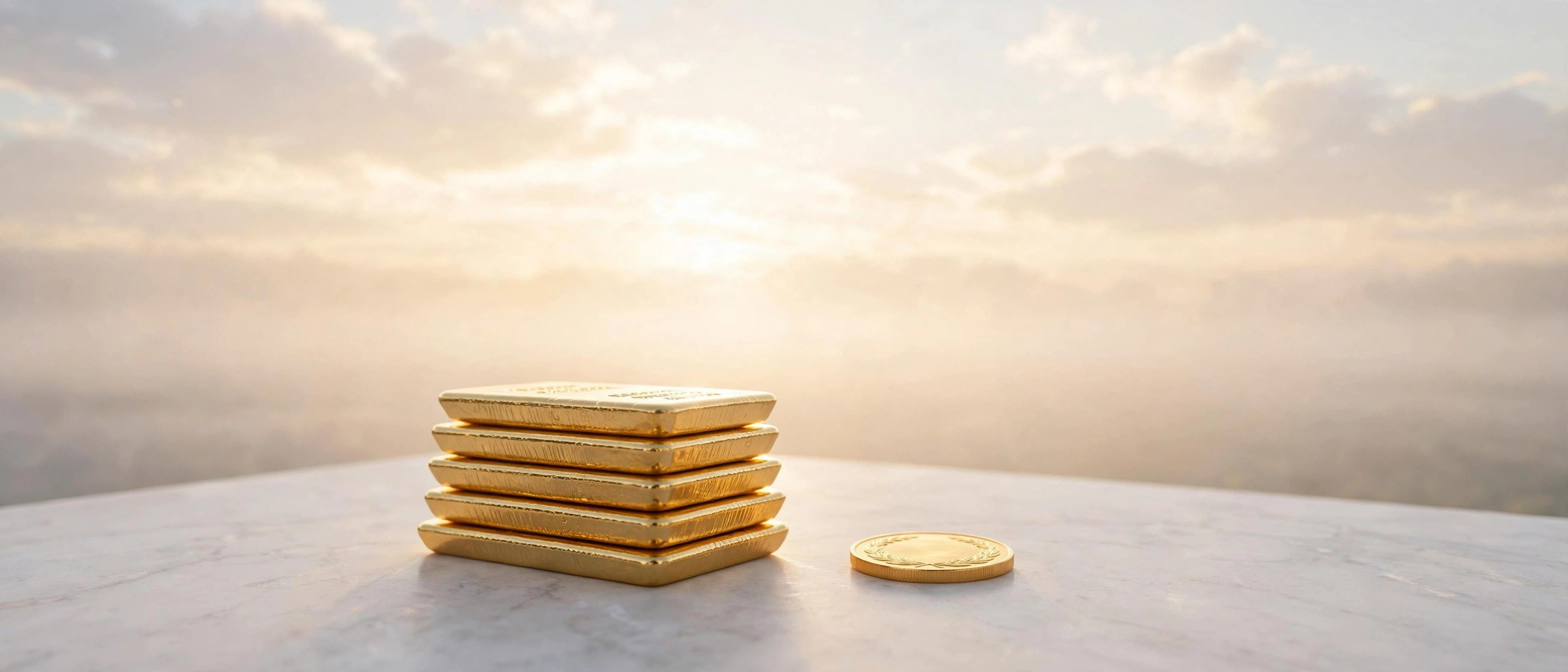 Gold bars and a gold coin on pale marble in soft dawn light